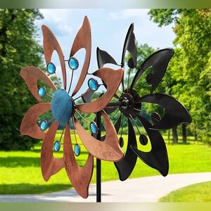 Double sided floral metal wind spinner, copper & blue. 57". NIB